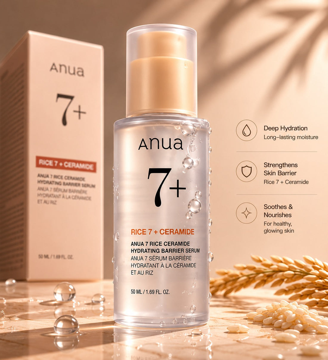 ANUA RICE 7 + CERAMIDE HYDRATING BARRIER SERUM 50 ML.