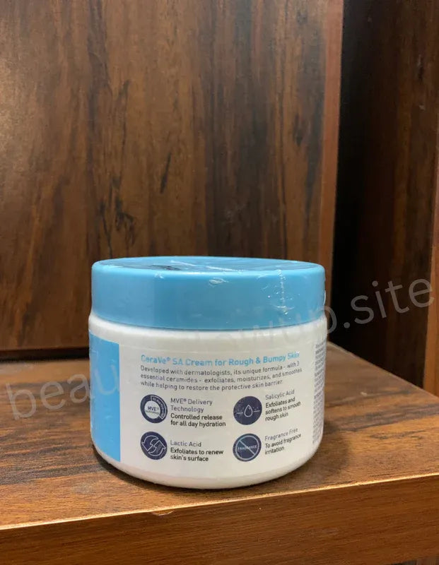 CeraVe SA Cream jar on a wooden surface