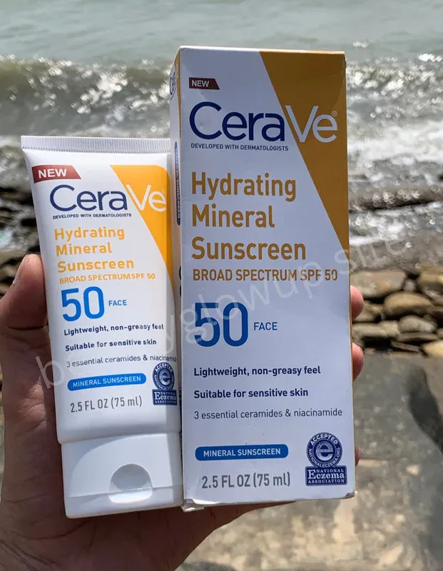 CeraVe hydrating mineral sunscreen with packaging held against a natural background