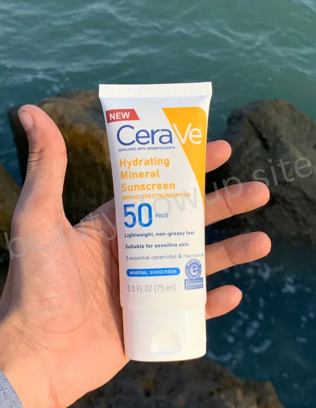 CeraVe hydrating mineral sunscreen with packaging held against a natural background