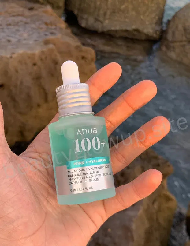 ANUA PDRN Hyaluron Capsule 100 Serum 30ml Korean skincare seaside background