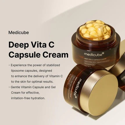 Hand holding a jar of Medicube skincare product with a beach background
